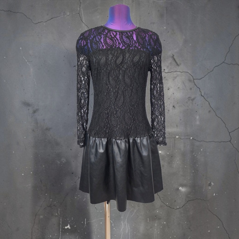 Y2K Pinky Womens Black Lace and Faux Leather Mixed Media Mini Dress Size L